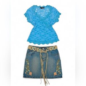 Revolt Jeans Blue Embroidered Denim Mini Skirt with Fringe Belt